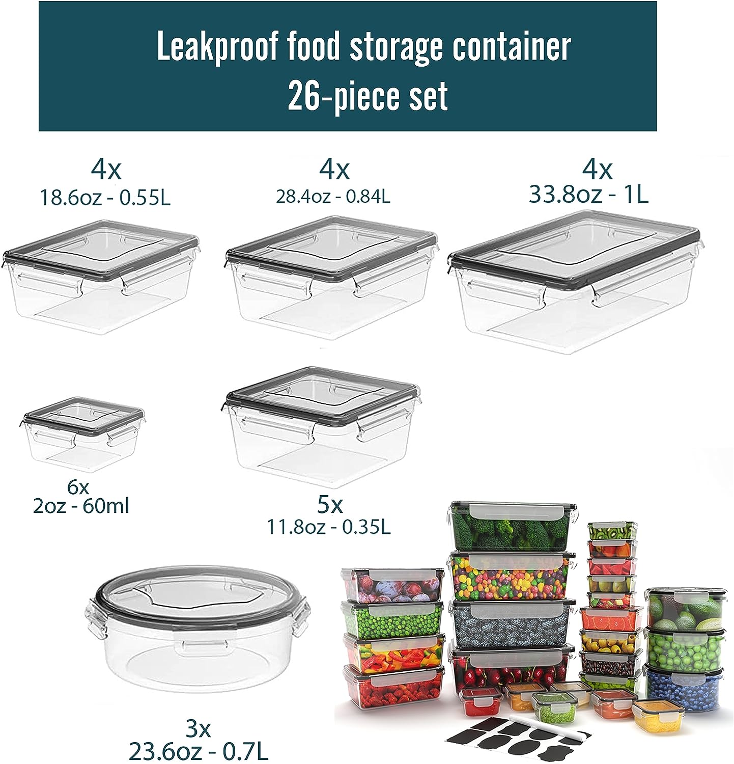 Caramont – Ensemble de Boîtes Alimentaire Frais – 100% Étanche,adaptés au micro-ondes,Congélateur,Lave-Vaisselle-Sans BPA,Étiquettes, Marqueur,6 boîtes de sauces inclus -Pack 40