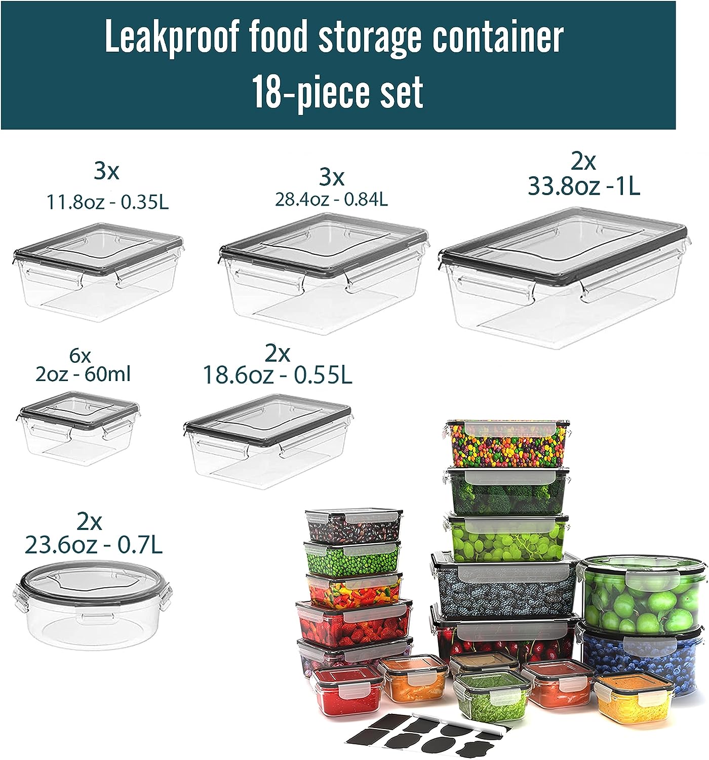 Caramont – Ensemble de Boîtes Alimentaire Frais – 100% Étanche,adaptés au micro-ondes,Congélateur,Lave-Vaisselle-Sans BPA,Étiquettes, Marqueur,6 boîtes de sauces inclus -Pack 36