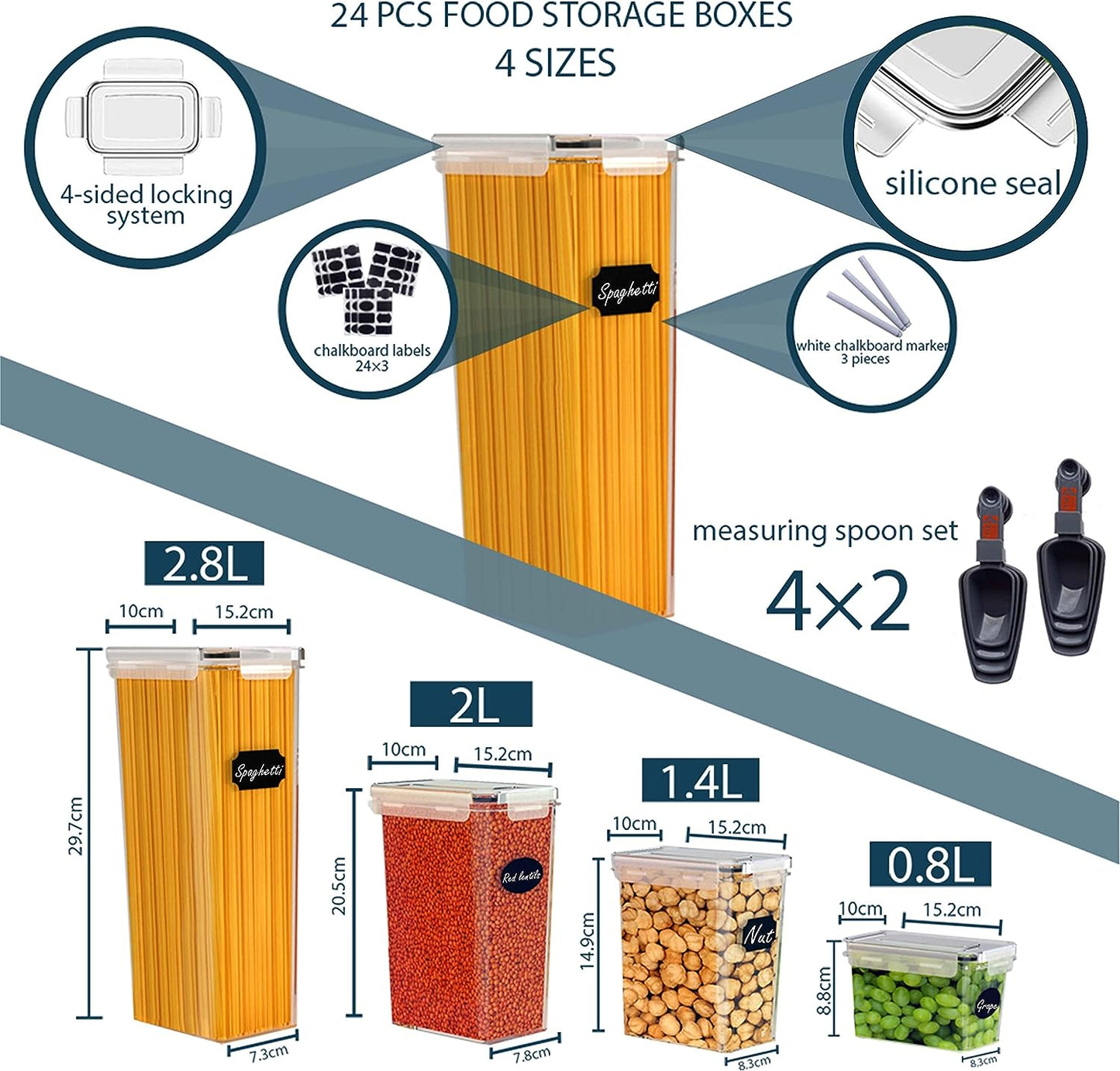Caramont Lot de 24 Boite de Conservation Alimentaire Hermétique, Rangement et Organisation Cuisine et Garde-Mange, Boite Plastique Alimentaire Sans BPA – 72 Étiquettes,3 Marqueur et 8 Cuillères inclus