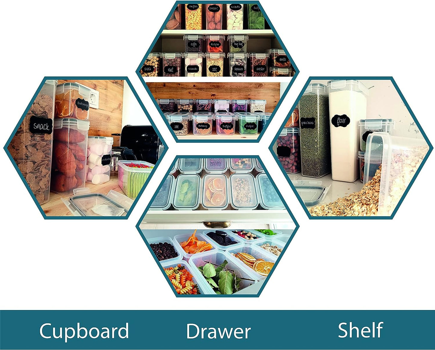 Caramont Lot de 24 Boite de Conservation Alimentaire Hermétique, Rangement et Organisation Cuisine et Garde-Mange, Boite Plastique Alimentaire Sans BPA – 72 Étiquettes,3 Marqueur et 8 Cuillères inclus