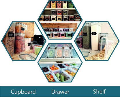 Caramont Lot de 24 Boite de Conservation Alimentaire Hermétique, Rangement et Organisation Cuisine et Garde-Mange, Boite Plastique Alimentaire Sans BPA – 72 Étiquettes,3 Marqueur et 8 Cuillères inclus