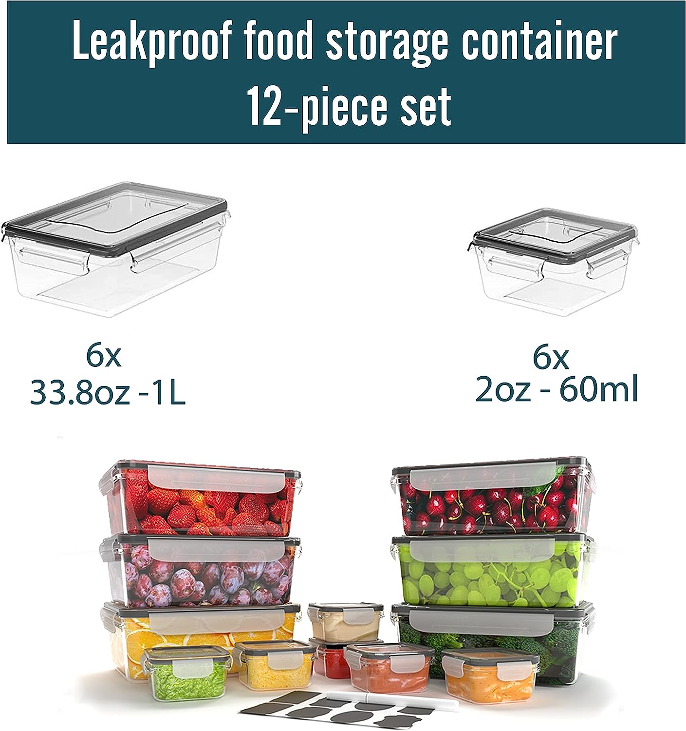 Caramont – Ensemble de Boîtes Alimentaire Frais – 100% Étanche,adaptés au micro-ondes,Congélateur,Lave-Vaisselle-Sans BPA,Étiquettes, Marqueur,6 boîtes de sauces inclus -24