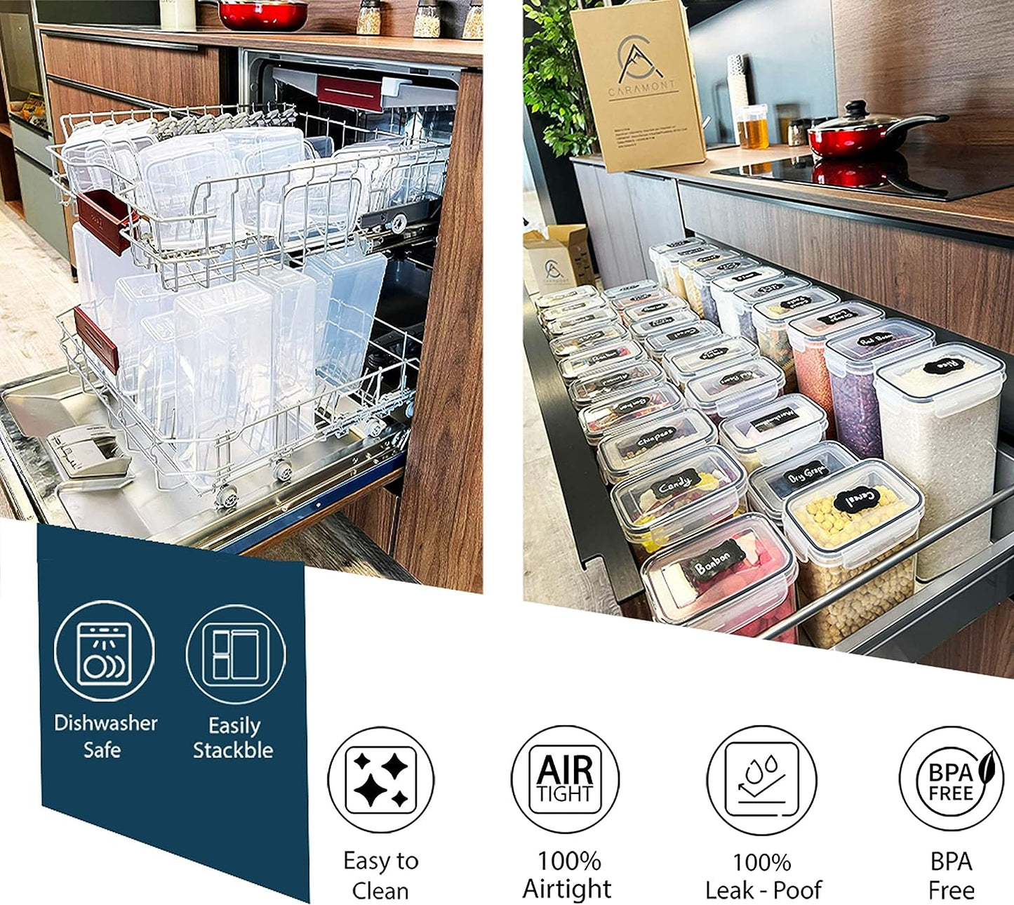 Caramont Lot de 24 Boite de Conservation Alimentaire Hermétique, Rangement et Organisation Cuisine et Garde-Mange, Boite Plastique Alimentaire Sans BPA – 72 Étiquettes,3 Marqueur et 8 Cuillères inclus