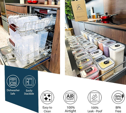 Caramont Lot de 24 Boite de Conservation Alimentaire Hermétique, Rangement et Organisation Cuisine et Garde-Mange, Boite Plastique Alimentaire Sans BPA – 72 Étiquettes,3 Marqueur et 8 Cuillères inclus