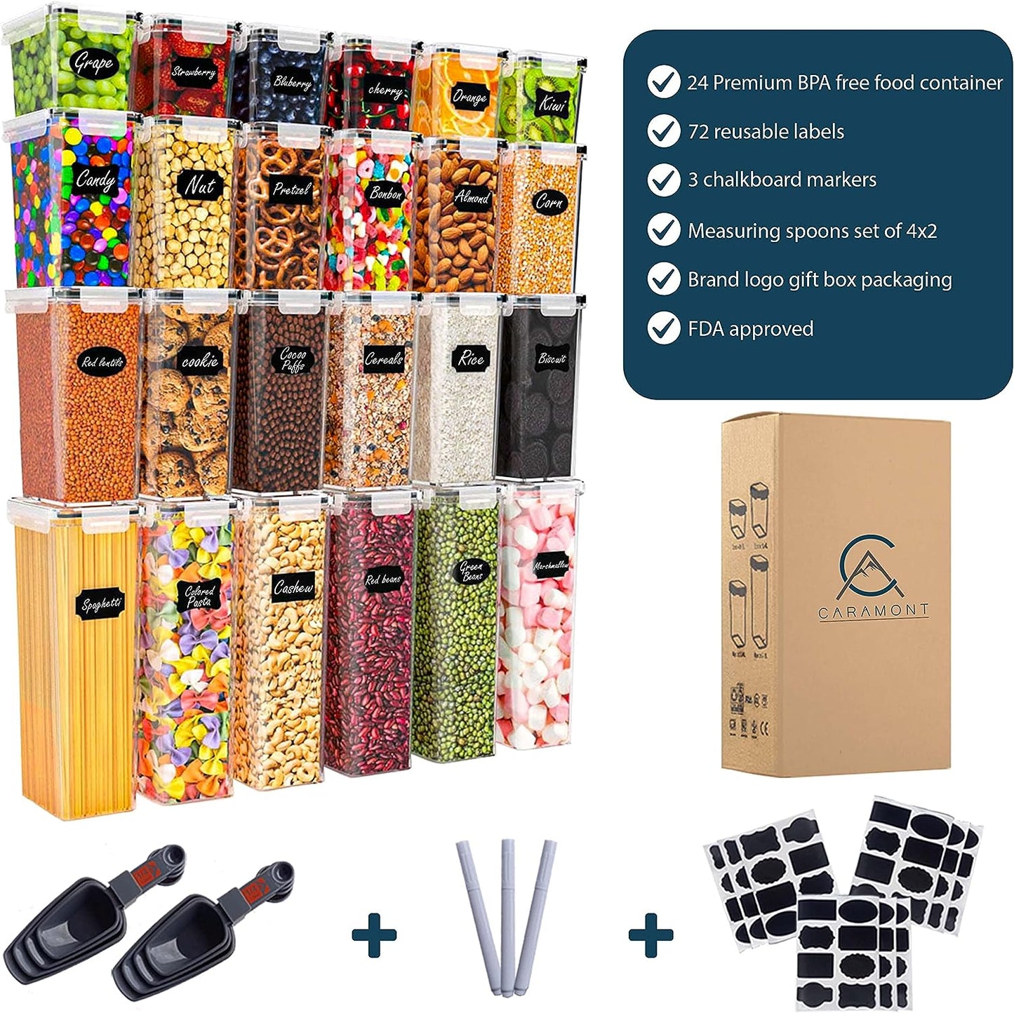 Caramont Lot de 24 Boite de Conservation Alimentaire Hermétique, Rangement et Organisation Cuisine et Garde-Mange, Boite Plastique Alimentaire Sans BPA – 72 Étiquettes,3 Marqueur et 8 Cuillères inclus