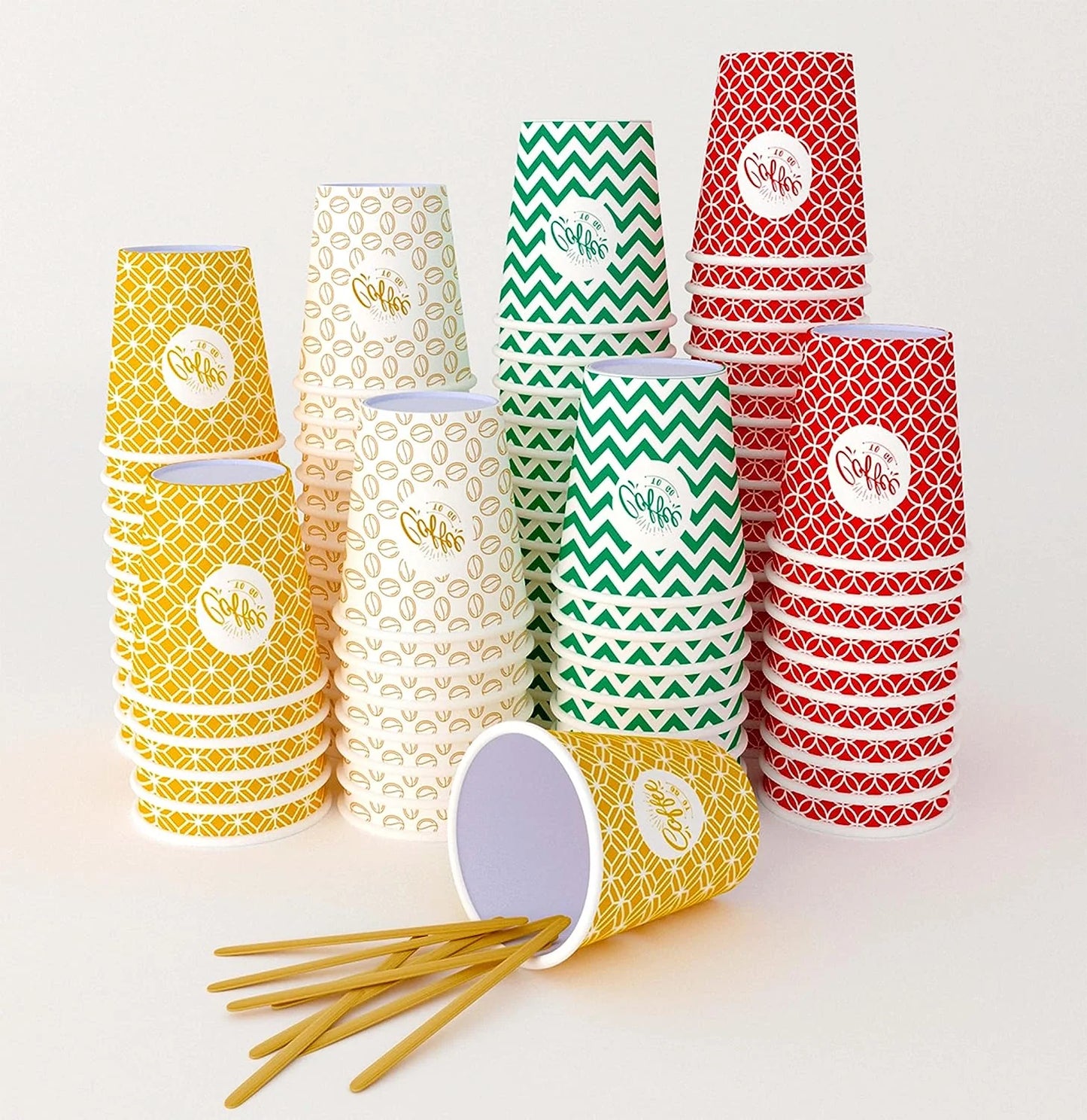 7 Oz, Multicolore Espresso Gobelets en Carton avec Agitateurs en Bois,Écologique ,Jetables,Résistant à la Chaleur,Carton de Qualité,Idéal pour Toutes Les Boissons Chaudes ;Café,Thé,Chocolat etc. -1000