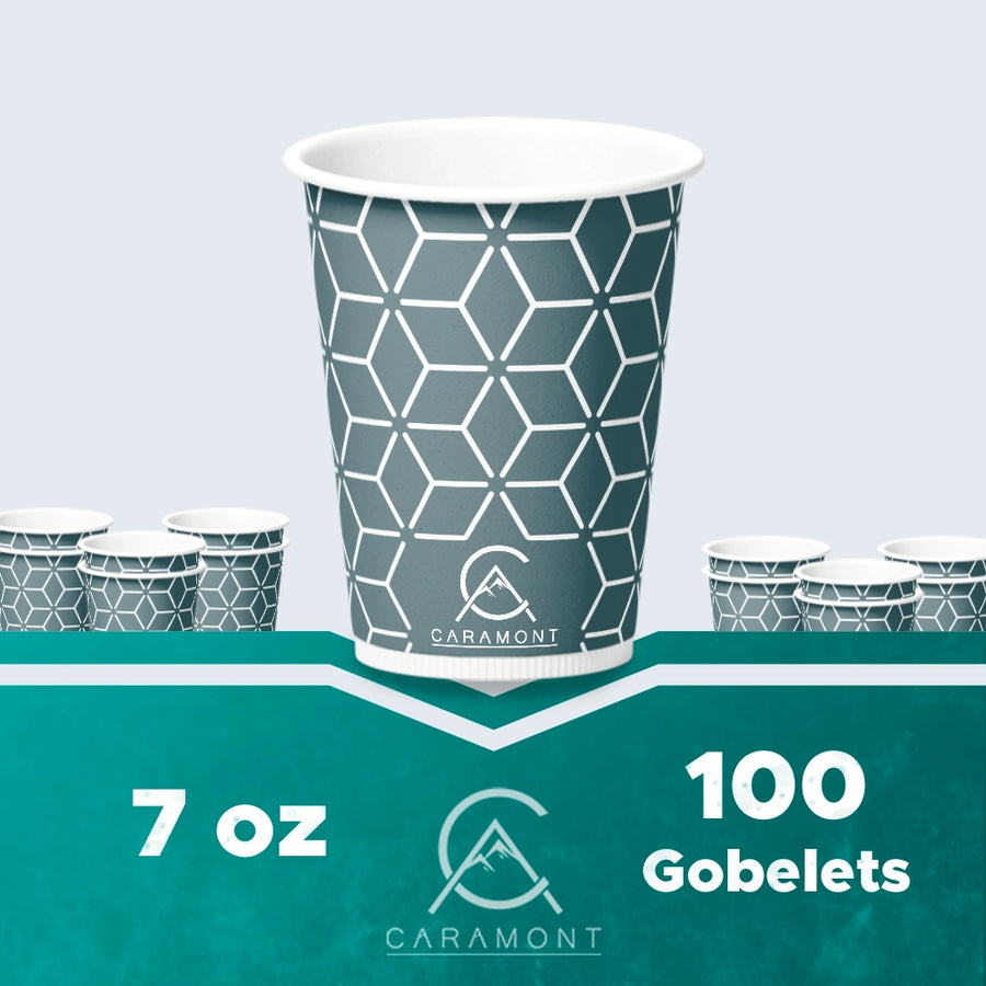 Caramont,7 Oz Gobelets en Carton avec Agitateurs en Bois,Écologique et Jetables,Résistant à la Chaleur,pour la Boisson Froide et Chaude en Carton de Qualité,Ideal pour Café,Thé,Anniversaire,etc -100