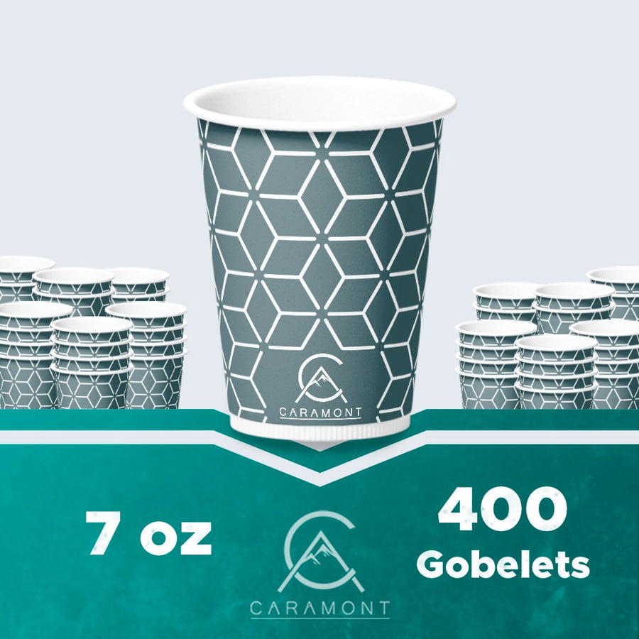 Caramont,7 Oz Gobelets en Carton avec Agitateurs en Bois,Écologique et Jetables,Résistant à la Chaleur,pour la Boisson Froide et Chaude en Carton de Qualité,Ideal pour Café,Thé,Anniversaire,etc -400