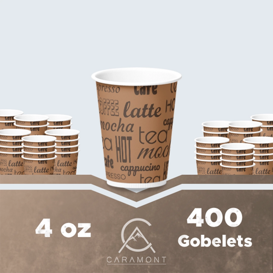 Caramont,4 Oz Espresso Gobelets en Carton avec Agitateurs en Bois,Écologique et Jetables,Résistant à la Chaleur,Carton de Qualité,Idéal pour Toutes Les Boissons Chaudes ; Café,Thé,Chocolat etc. -400