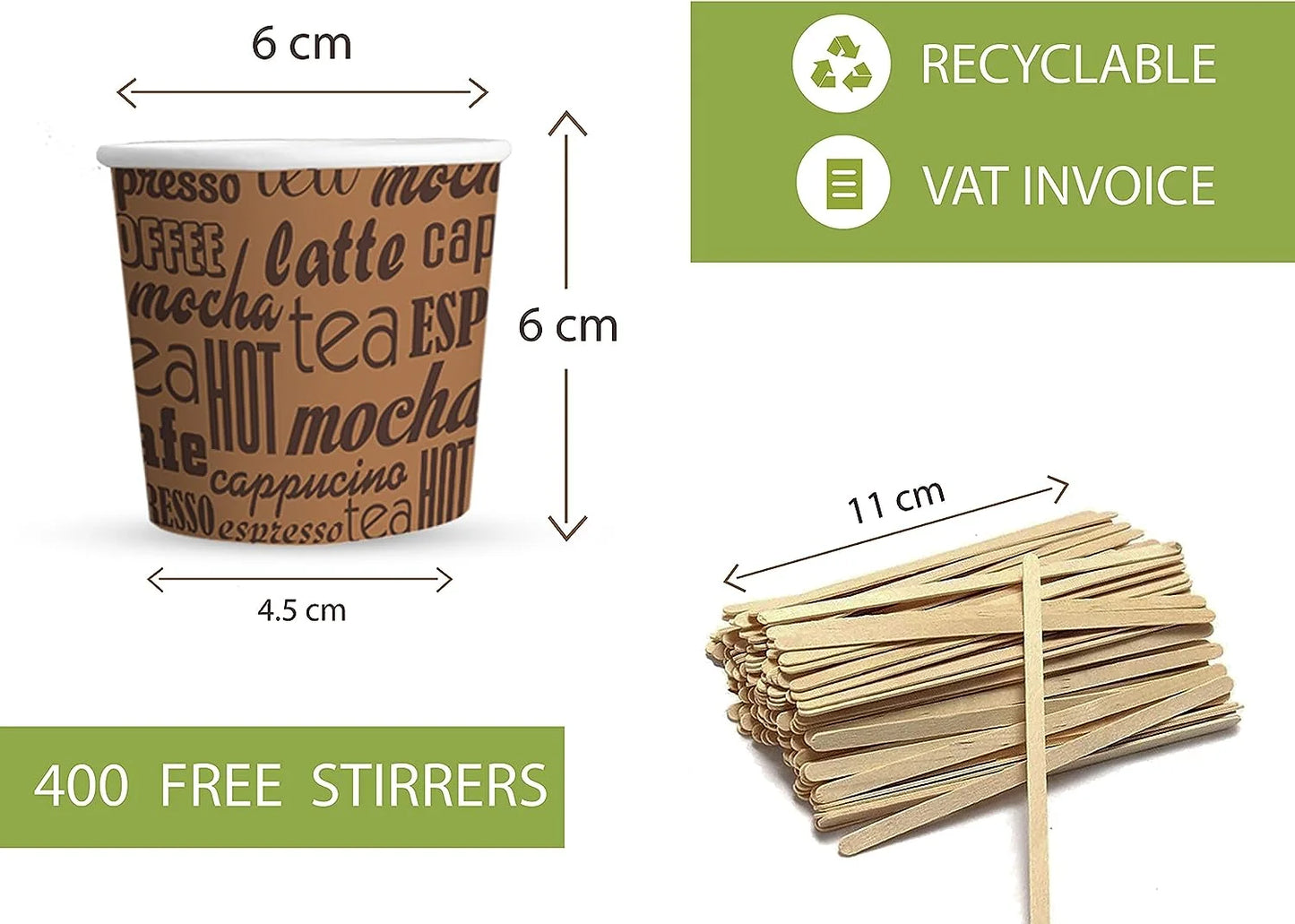 Caramont,4 Oz Espresso Gobelets en Carton avec Agitateurs en Bois,Écologique et Jetables,Résistant à la Chaleur,Carton de Qualité,Idéal pour Toutes Les Boissons Chaudes ; Café,Thé,Chocolat etc. -400