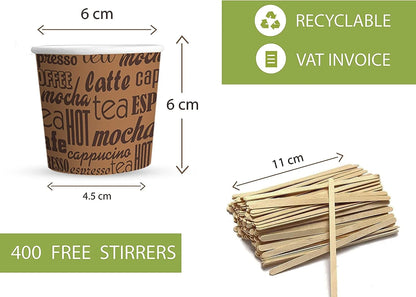 Caramont,4 Oz Espresso Gobelets en Carton avec Agitateurs en Bois,Écologique et Jetables,Résistant à la Chaleur,Carton de Qualité,Idéal pour Toutes Les Boissons Chaudes ; Café,Thé,Chocolat etc. -400