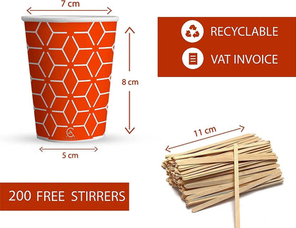 Caramont,7 Oz Gobelets en Carton avec Agitateurs en Bois,Écologique et Jetables,Résistant à la Chaleur,pour la Boisson Froide et Chaude en Carton de Qualité,Ideal pour Café,Thé,Anniversaire,etc. -400