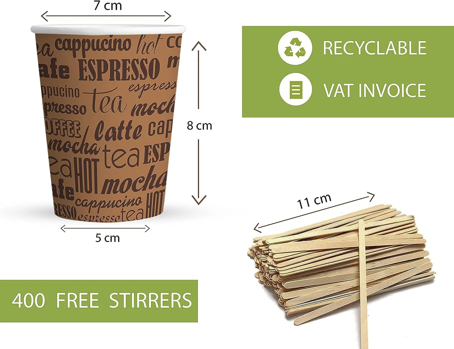 Caramont,7 Oz Gobelets en Carton avec Agitateurs en Bois,Écologique et Jetables,Résistant à la Chaleur,pour la Boisson Froide et Chaude en Carton de Qualité,Ideal pour Café,Thé,Anniversaire,etc. -400